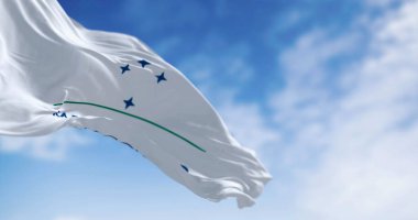 Flag of Mercosur waving in the wind on a clear day. South American trade bloc promoting economic integration and free trade among member countries. 3d illustration render. Selective focus clipart