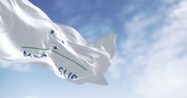 Mercosur bayrağı açık havada dalgalanıyor. Güney Amerika ticaret bloğu üye ülkeler arasında ekonomik entegrasyon ve serbest ticareti destekliyor. Kusursuz 3 boyutlu animasyon. Yavaş çekim döngüsü. Seçici odak.
