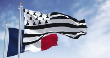 Açık bir günde Britanya bayrağı Fransız bayrağıyla dalgalanıyor. Yarımada, tarihi ülke ve Fransa 'nın batısındaki kültürel bölge. Kusursuz 3 boyutlu animasyon. Yavaş çekim döngüsü. Seçici odak.