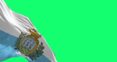 San Marino bayrağı yeşil arka planda yalıtılmış rüzgarda dalgalanıyor. Kusursuz 3D canlandırma animasyonu. Krom anahtar. Yavaş çekim döngüsü. Yeşil ekran. 4 bin. Seçici odak
