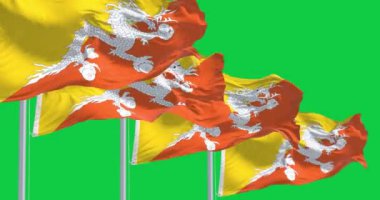 Bhutan ulusal bayraklarının rüzgarda dalgalanan yakın çekimi yeşil arka planda izole edilmiş. Kusursuz 3D canlandırma animasyonu. Krom anahtar. Yavaş çekim döngüsü. Yeşil ekran. 4 bin. Seçici odak