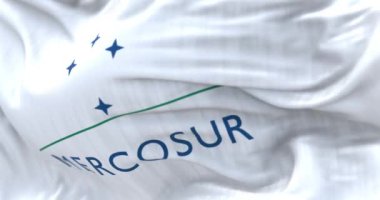 Mercosur bayrağını dalgalandırın. Güney Amerika ticaret bloğu üye ülkeler arasında ekonomik entegrasyon ve serbest ticareti destekliyor. Kusursuz 3 boyutlu animasyon. Yavaş çekim döngüsü. Seçici odak.