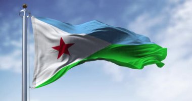 Cibuti 'nin ulusal bayrağı açık havada sallanıyor. Kusursuz 3 boyutlu animasyon. Yavaş çekim döngüsü.