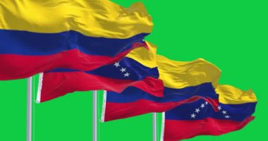 Kolombiya ve Venezuela 'nın ulusal bayrakları yeşil arka planda yalıtılmış rüzgarda dalgalanıyor. Kusursuz 3D canlandırma animasyonu. Krom anahtar. Yavaş çekim döngüsü. Yeşil ekran. 4 bin. Seçici odak