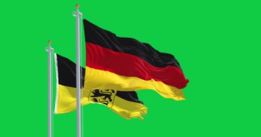 Baden-Wurttemberg eyaletinin bayrağı yeşil arka planda Alman ulusal bayrağıyla dalgalanıyor. 3D canlandırma animasyonu. Krom anahtar. Yavaş çekim döngüsü. Yeşil ekran. 4 bin. Seçici odak