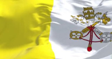Vatikan bayrağının rüzgarda dalgalanan yakın çekimi. Altın ve beyazın dikey iki rengi ve beyaz arması beyaz kısma odaklı. Kusursuz 3 boyutlu animasyon. Yavaş çekim döngüsü