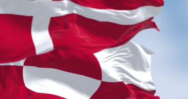 Grönland ve Danimarka 'nın bayrakları açık bir günde rüzgarda sallanıyor. Grönland dünyanın en büyük adasıdır. Kusursuz 3 boyutlu animasyon. Yavaş çekim döngüsü. Seçici odaklanma. Dalgalanan kumaş.