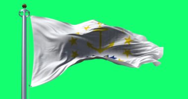 Rhode Island eyalet bayrağı yeşil zeminde rüzgarda sallanıyor. Kusursuz 3D canlandırma animasyonu. Krom anahtar. Yavaş çekim döngüsü. Yeşil ekran. 4K