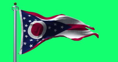 Ohio eyaleti bayrağının dalgalanması yeşil arka planda izole edilmiş. Kusursuz 3D canlandırma animasyonu. Krom anahtar. Yavaş çekim döngüsü. Yeşil ekran. 4K.
