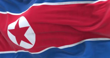 Kuzey Kore bayrağının rüzgarda dalgalanan yakın çekimi. Yıldız ve mavi beyaz çizgili kırmızı bayrak. Kusursuz 3 boyutlu animasyon. Yavaş çekim döngüsü. Seçici odaklanma. Desenli arkaplan