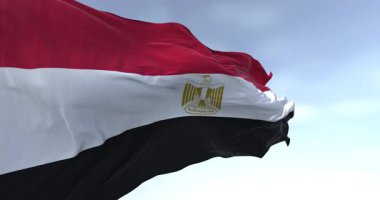Açık bir günde Mısır ulusal bayrağının yakın çekimi. Yatay kırmızı, beyaz ve siyah şeritler. Mısır kartalı amblemi. Kusursuz 3 boyutlu animasyon. Yavaş çekim döngüsü
