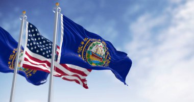 New Hampshire state flag waving in the wind with national US flag on a clear day. Dark blue background with a state seal in the middle. 3d illustration render. Rippling fabric clipart