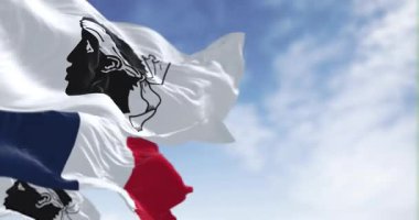 Korsika bayrakları açık bir günde ulusal Fransız bayrağıyla dalgalanıyor. Beyaz bir tarlada beyaz bandanalı Siyah Mağribi kafası. Fransız bölgesi. Kusursuz 3 boyutlu animasyon. Yavaş çekim döngüsü. Seçici odak