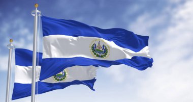 El Salvador 'un ulusal bayrakları açık bir günde rüzgarda sallanıyor. Mavi, beyaz ve mavi yatay çizgiler, ortada ulusal arma. 3D illüstrasyon canlandırıcı. Seçici odaklanma. Dalgalanan kumaş