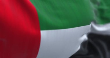 Birleşik Arap Emirlikleri 'nin rüzgarda dalgalanan ulusal bayrağının yakın plan görüntüsü. Emirlikler Batı Asya 'da bir ülkedir. Kusursuz 3 boyutlu animasyon. Yavaş çekim döngüsü. Seçici odak