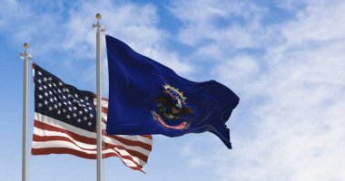 Kuzey Dakota bayrağı Amerikan bayrağıyla dalgalanıyor. Mavi ve armalı. Kartal Kuzey Dakota parşömeninin üstünde. 3D illüstrasyon canlandırıcı. Seçici odaklanma. Dalgalanan tekstil