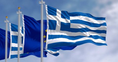 Yunanistan 'ın ulusal bayrakları ve Avrupa Birliği bayrağı rüzgarda sallanıyor. 3D illüstrasyon canlandırıcı. Seçici odaklanma. Dalgalanan kumaş