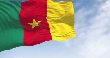 Kamerun ulusal bayrağı rüzgarda sallanıyor. Ortasında yeşil, kırmızı ve sarı üç dikey çizgi var. Kusursuz 3 boyutlu animasyon. Yavaş çekim döngüsü. Sinema 4k