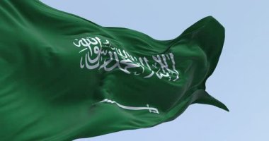 Suudi Arabistan ulusal bayrağının rüzgarda dalgalanması. Shahada 'lı yeşil alan ve Thuluth senaryosunda kılıç. Kusursuz 3 boyutlu animasyon. Yavaş çekim döngüsü. Seçici odaklanma. Sinema 4k