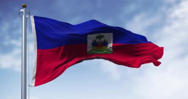 Havanın açık olduğu bir günde Haiti bayrağı dalgalanır. Mavi ve kırmızı yatay bantlar, ortada küçük beyaz bir dikdörtgen içinde ulusal arma. Kusursuz 3 boyutlu animasyon. Yavaş çekim döngüsü. Sinema 4k
