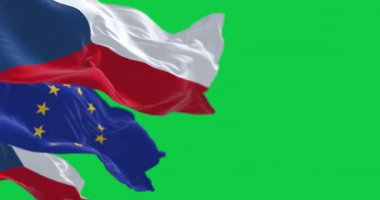 Çek Cumhuriyeti ulusal bayrağı rüzgarda dalgalanırken Avrupa Birliği bayrağı yeşil arka planda izole edildi. Kusursuz 3D canlandırma animasyonu. Krom anahtar. Yavaş çekim döngüsü. Yeşil ekran. 4 bin. Seçici odak