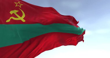 Transnistria bayrağının rüzgarda dalgalanan yakın çekimi. Tanımlanamayan durum. Kusursuz 3 boyutlu animasyon. Yavaş çekim döngüsü. Seçici odaklanma. Sinema 4k