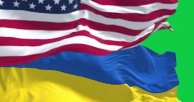 Ukrayna ve ABD ulusal bayraklarının yeşil arka planda izole bir şekilde dalgalanması. Kusursuz 3D canlandırma animasyonu. Krom anahtar. Yavaş çekim döngüsü. Yeşil ekran. 4 bin. Seçici odak