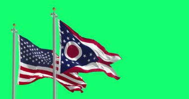 Ohio eyalet bayrağı rüzgarda dalgalanırken ABD bayrağı yeşil arka planda izole edildi. Kusursuz 3D canlandırma animasyonu. Krom anahtar. Yavaş çekim döngüsü. Yeşil ekran. 4 bin. Seçici odak
