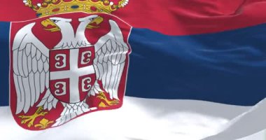 Kraliyet amblemi rüzgarda sallanan Sırp bayrağının yakın çekimi. Balkan mirası, monarşi, ulusal kimlik ve tarih kavramı. Yavaş çekim döngüsü. Yakın plan.