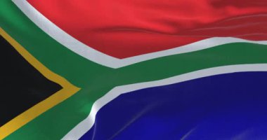 Güney Afrika ulusal bayrağının yakın çekimi. Kırmızı ve mavi bayrak, sarı kenarlı siyah üçgeni çevreleyen yeşil Y ile bölünmüş. Kusursuz 3 boyutlu animasyon. Yavaş çekim döngüsü.