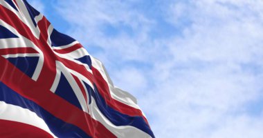 Havai eyaletinin bayrağını açık havada dalgalandırın. Sekiz yatay çizgi beyaz, kırmızı, mavi, Union Jack kantonda. 3D illüstrasyon canlandırıcı. Dalgalı kumaş. Seçici odak