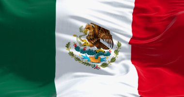 Meksika bayrağı rüzgarda sallanıyor yeşil, beyaz ve kırmızı üç renkli rengiyle. Kartal ve yılan amblemi Aztek mitolojisini ve ulusal kimliğini yansıtır. 3D illüstrasyon canlandırıcı. Dalgalı kumaş