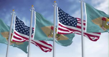 Delaware ve Amerika Birleşik Devletleri bayrakları birlikte dalgalanıyor. Tarihi armalı, parlak elmas ve 1787 'de onaylanma tarihi. Kusursuz 3 boyutlu animasyon. Yavaş çekim döngüsü. Seçici odak