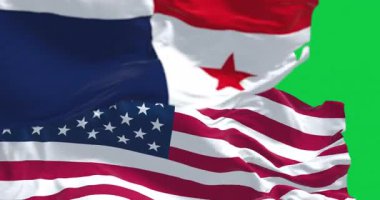 Panama ve Birleşik Devletler bayrakları yeşil arka planda yalıtılmış bir şekilde rüzgarda dalgalanıyor. Kusursuz 3D canlandırma animasyonu. Krom anahtar. Yavaş çekim döngüsü. Yeşil ekran. 4 bin. Seçici odak