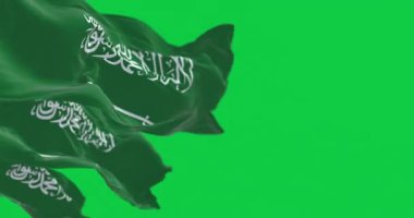 Rüzgarda dalgalanan üç Suudi Arabistan bayrağı yeşil arka planda izole edilmiş. Kusursuz 3D canlandırma animasyonu. Krom anahtar. Yavaş çekim döngüsü. Yeşil ekran. 4 bin. Seçici odak