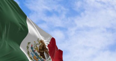 Meksika bayrağının gökyüzünde dalgalanan yüksek çözünürlüklü 3D görüntüsü. Amblemde Aztek kartalı, yılan ve kaktüs, özgürlüğün, mirasın ve ulusal kimliğin sembolü.