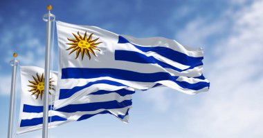 Uruguay bayrağının rüzgarda dalgalanan 3D görüntüsü, Mayıs Güneşi, ulusal renkler ve vatanseverlik sembolleri. Bağımsızlık, kimlik ve özgürlük kavramı