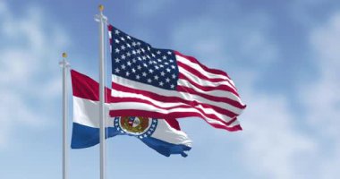 Missouri eyalet bayrağı ve ABD bayrağının 3D görüntüsü birlikte dalgalanıyor. Birlik, özgürlük, vatanseverlik ve demokrasinin sembolleri. 3 boyutlu animasyonu yavaş çekimde canlandırın. Seçici odak