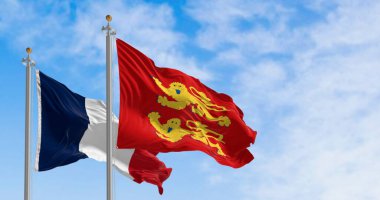 Normandiya bölgesel bayrağı ve Fransız ulusal bayrağının yüksek kalite 3D görüntüsü. Kuzey Fransa 'da miras, kimlik ve gurur sembolü