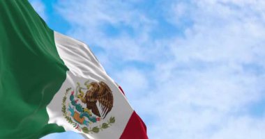 Meksika 'nın ulusal bayrağı gökyüzünde dalgalanıyor. Amblemde Aztek kartalı, yılan ve kaktüs, özgürlüğün, mirasın ve ulusal kimliğin sembolü. Kusursuz 3 boyutlu animasyon. Yavaş çekim döngüsü