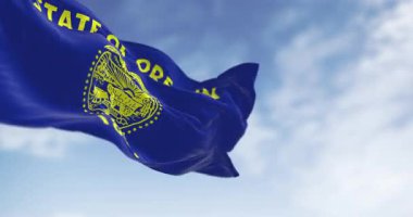 Oregon eyaleti bayrağı gökyüzünde dalgalanıyor. İçinde devlet mührü, kartal ve tarihi semboller var. Kusursuz 3 boyutlu animasyon. Yavaş çekim döngüsü. Seçici odak