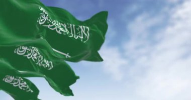 Suudi Arabistan bayrağı rüzgarda dalgalanıyor, İslami kaligrafi ve yeşil kumaşla birlikte. Kusursuz 3 boyutlu animasyon. Yavaş çekim döngüsü. Seçici odak