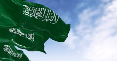 Suudi Arabistan bayrağının rüzgarda dalgalanan 3D görüntüsü, İslami hat ve yeşil kumaş, Ortadoğu 'daki ulusal kimlik ve birliğin sembolü.