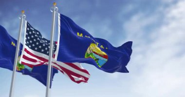 Montana eyalet bayrağı arması ve rüzgarda dalgalanan Amerikan bayrağı, kusursuz 3D animasyon. Yavaş çekim döngüsü. Seçici odak