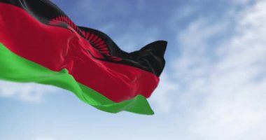 Malawi bayrağının gerçekçi yakın planında yükselen güneş, mavi bir gökyüzünün altında dalgalanan rüzgar, kusursuz 3D animasyon oluşturur. Yavaş çekim döngüsü. Seçici odak