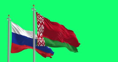 Rusya ve Belarus 'un ulusal bayrakları yeşil arka planda izole halde sallanıyor. Kusursuz 3D canlandırma animasyonu. Krom anahtar. Yavaş çekim döngüsü. Yeşil ekran. 4 bin. Seçici odak
