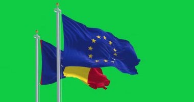 Romanya ve Avrupa Birliği bayrakları rüzgarda dalgalanırken yeşil arka planda izole edildi. Kusursuz 3D canlandırma animasyonu. Krom anahtar. Yavaş çekim döngüsü. Yeşil ekran. 4 bin. Seçici odak