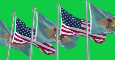 Delaware ve Amerika Birleşik Devletleri bayrakları yeşil arka planda yalıtılmış bir şekilde dalgalanıyor. Kusursuz 3D canlandırma animasyonu. Krom anahtar. Yavaş çekim döngüsü. Yeşil ekran. 4 bin. Seçici odak