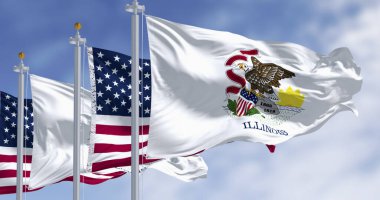 Illinois eyaletinin bayrakları açık bir günde Amerikan bayraklarıyla dalgalanıyor. Amerikan bayrağı. Gurur ve vatanseverlik kavramı. 3 boyutlu illüstrasyon. Çırpınan kumaş.