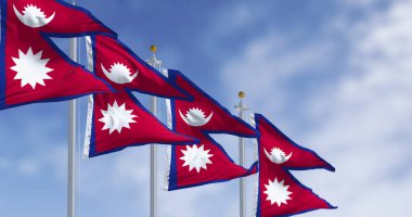 Açık bir günde rüzgârda sallanan Nepal Ulusal bayrakları. Dörtgen olmayan dünyadaki tek ulusal bayrak. 3D illüstrasyon canlandırıcı. Dalgalanan kumaş. Seçici odak